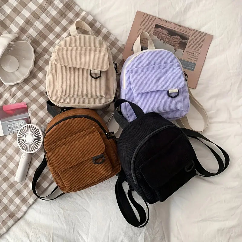 Cute Corduroy Backpack With Small Cosmetic Bag